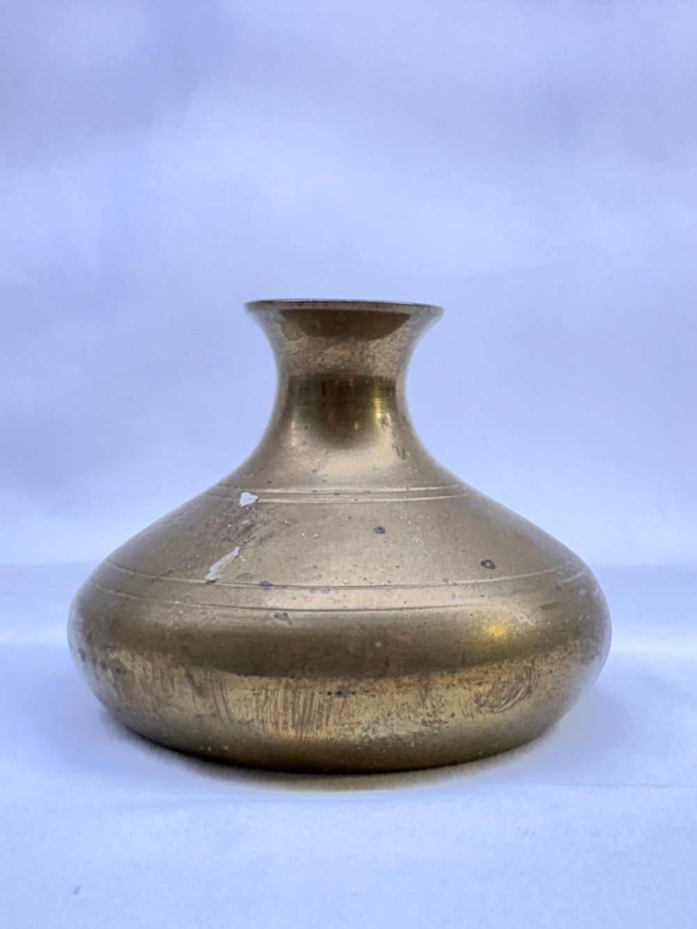 Vintage Brass Squat Bud Vase Small Round Etched Line Pot Home Decor
